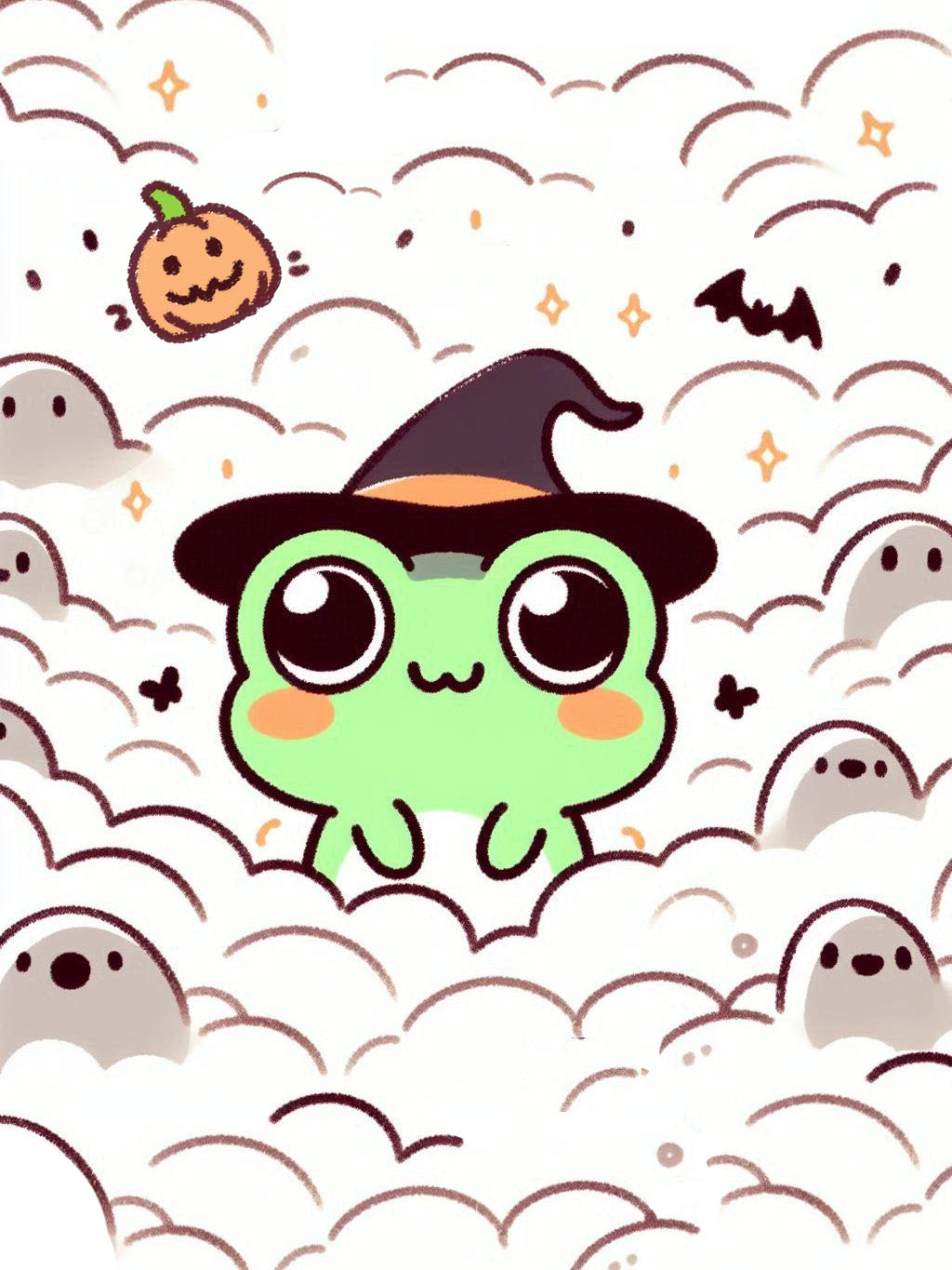 halloween frog drawing ideas depicting a cute green frog wearing a witch's hat among playful ghosts and bats.